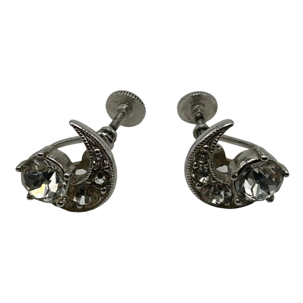 Bogoff Vintage Silver Tone Rhinestone Crescent Moon Screw Back Earrings